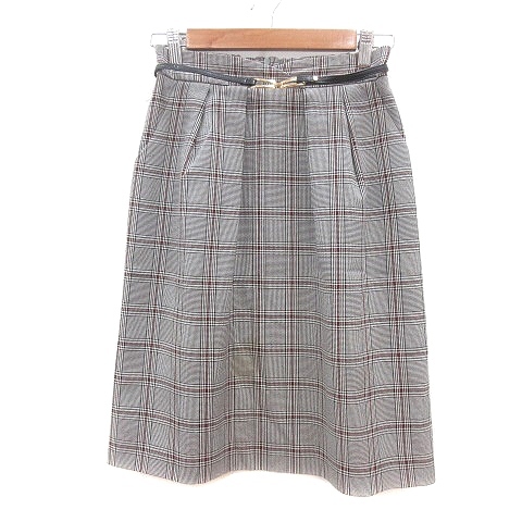 ストロベリーフィールズ STRAWBERRY-FIELDS フレアスカート ひざ丈 グレンチェック 2 M グレー 赤 レッド /MN レディース拍卖