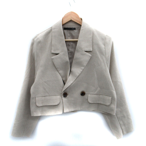 ヘザー Heather テーラードジャケット ショート丈 ダブルボタン 総裏地 チェック柄 F ライトベージュ 茶 ブラウン /SM47 レディース拍卖