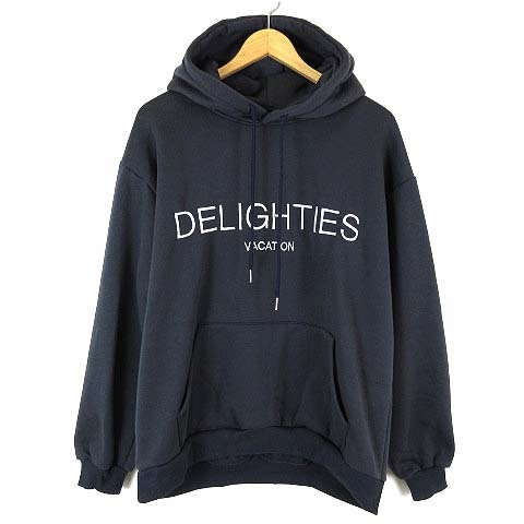 パーカー スウェット プルオーバー DELIGHTIES ロゴ オーバーサイズ ヘビーウエイト フード 裏起毛 長袖 S 紺 ネイビー レディース拍卖