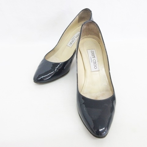 ジミーチュウ JIMMY CHOO パンプス アーモンドトゥ ハイヒール エナメル ネイビー 紺 レディース拍卖