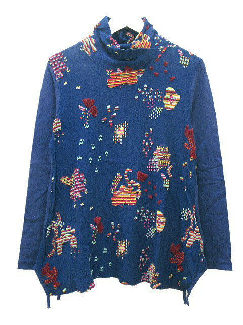 ジウ 慈雨 カットソー プルオーバー ハイネック ジャガード 変形 38 ブルー 青 トップス センソユニコ レディース拍卖