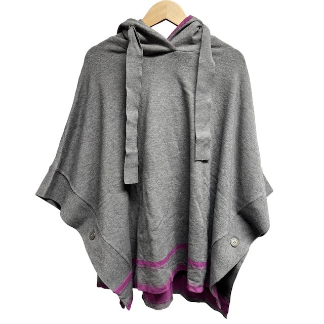 ピエールカルダン Pierre Cardin フード付き ニットポンチョ グレー パープル S-M レディース拍卖