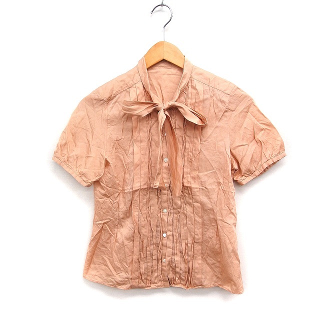 トゥモローランドコレクション TOMORROWLAND リボンネック シャツ ブラウス 半袖 プリーツ シルク混 38 ピンクベージュ /FT18 レディース拍卖