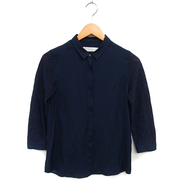 B&Y ユナイテッドアローズ BEAUTY&YOUTH ビューティー&ユース ブラウス シャツ ステンカラー レース タック 透け感 長袖 紺 ネイビー拍卖