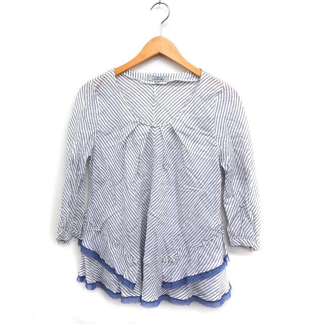 ビアッジョブルー Viaggio Blu ストライプ ティアード ブラウス 七分袖 Uネック 素材切替 麻混 2 ブルー 青 /FT25 レディース拍卖