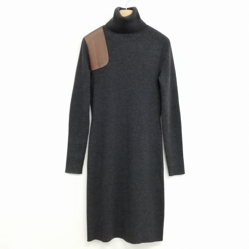 ラルフローレン RALPH LAUREN SPORT 美品 リブ ニット タイト ワンピース タートルネック レザーパッチ L チャコール レディース拍卖