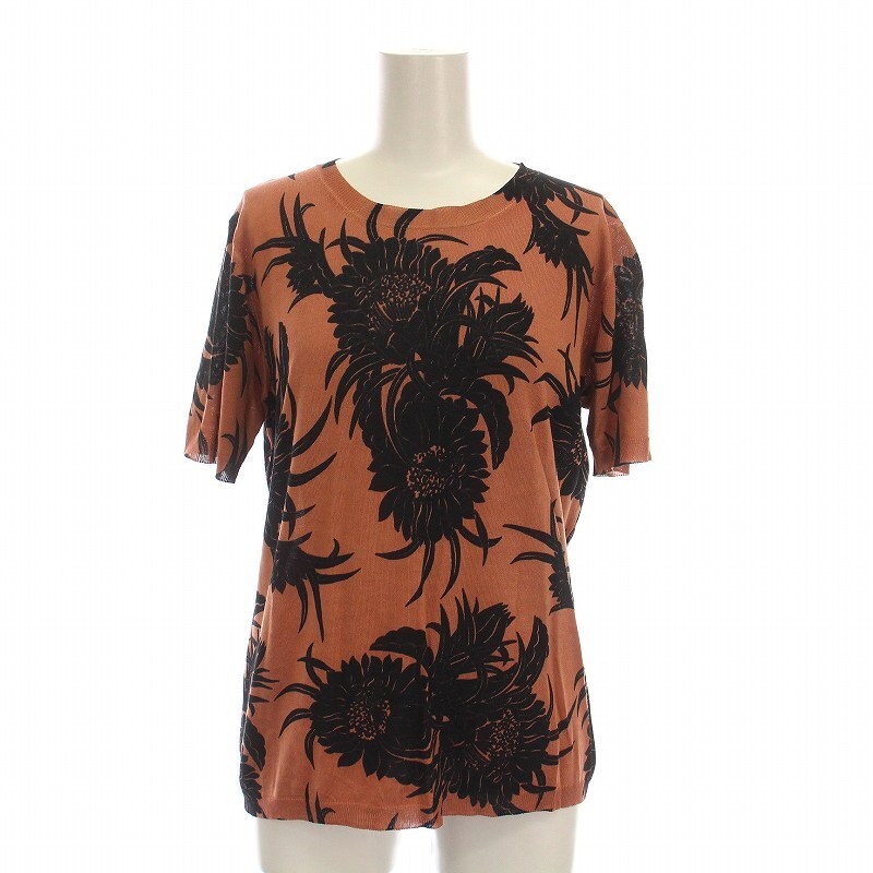 プラダ PRADA ニット カットソー 半袖 花柄 茶 サーモンピンク 黒 /YM レディース拍卖