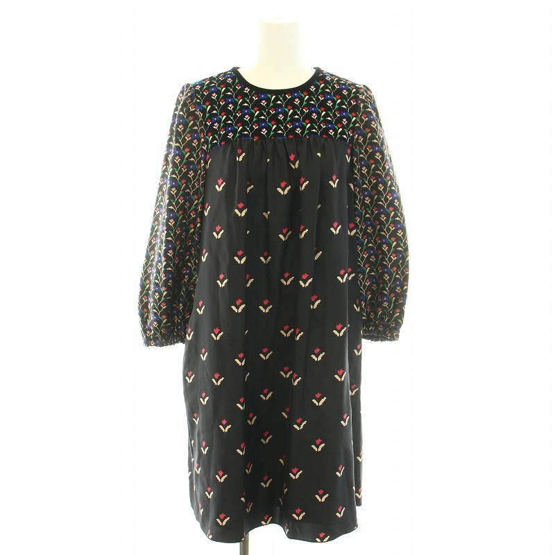 マークジェイコブス MARC JACOBS ワンピース ひざ丈 ラウンドネック 長袖 花柄 絹 シルク 00 XXS 黒 ブラック 赤 レッド /YT レディース拍卖