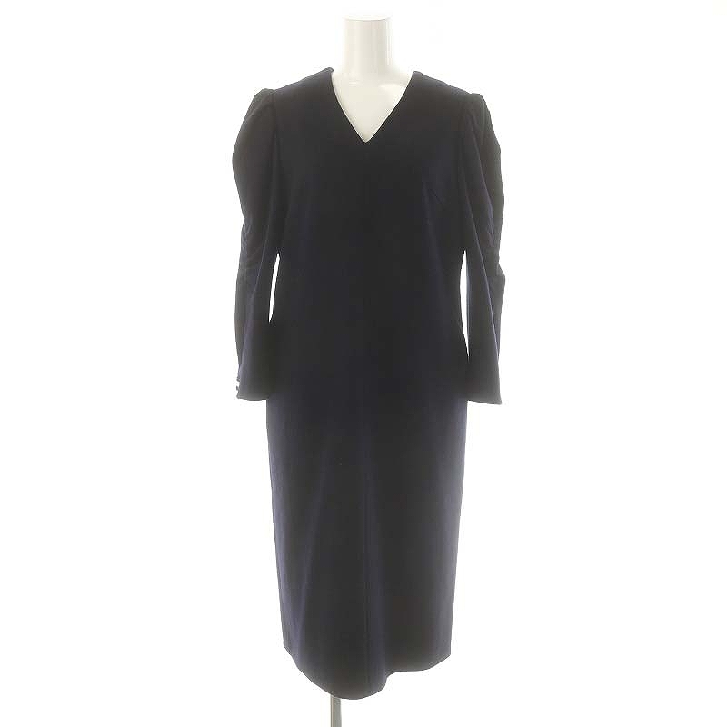 ボーダーズアットバルコニー BORDERS at BALCONY ウールVネックワンピース ロング ミモレ 長袖 36 紺 黒 ブラック 白 /DO ■OS レディース拍卖