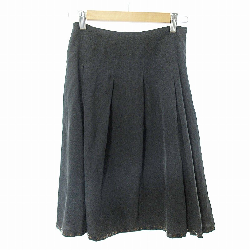 ミッシェルクラン MICHEL KLEIN 美品 シルク タック スカート 膝丈 ビジュー スパンコール 38 黒 ブラック 0210 ■GY09 レディース拍卖