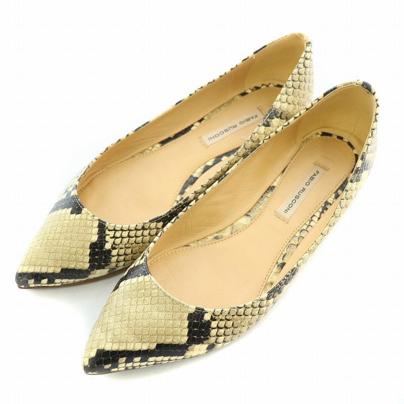 ファビオルスコーニ FABIO RUSCONI フラットシューズ パンプス ポインテッドトゥ レザー 型押し 35 ベージュ 黒 ブラック /BB ■OF拍卖