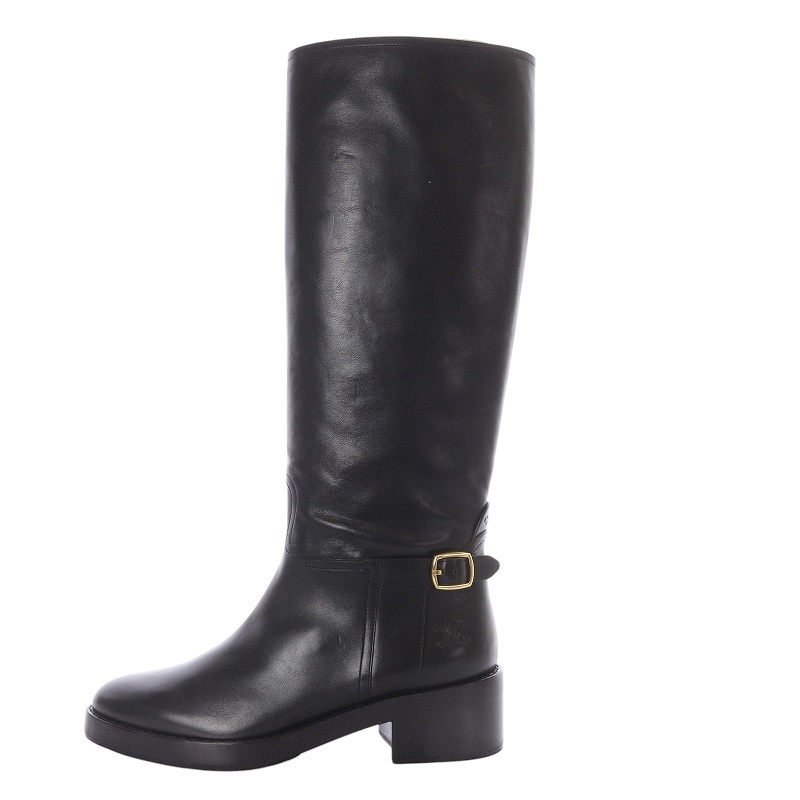 セリーヌ CELINE マカダム ベルテッドロングブーツ ハイヒール レザー 37 ブラック /YO18 レディース拍卖