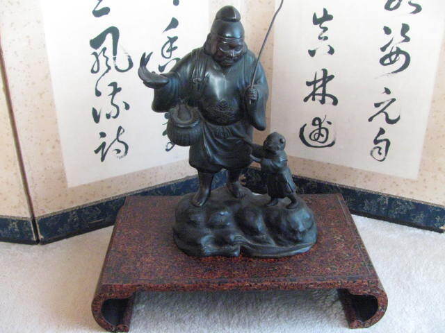 恵比寿様 恵比寿像 唐銅 ブロンズ 唐子 津軽塗 花台 江戸 明治 大正 昭和初期拍卖