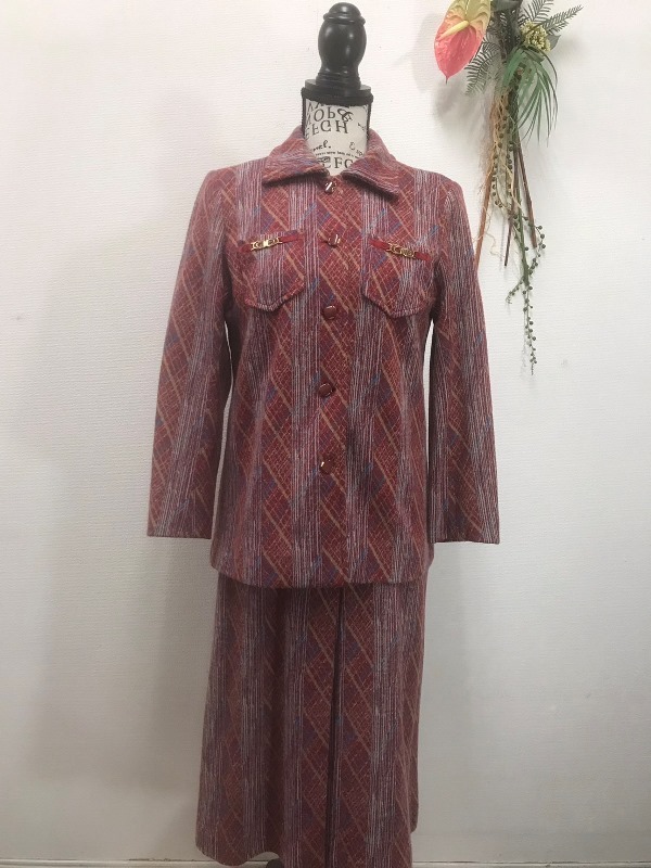 3441 【 唱和レトロ 】 アンゴラ入り セットアップ / ジャケット・スカート サイズ:13 色:赤系柄入り拍卖