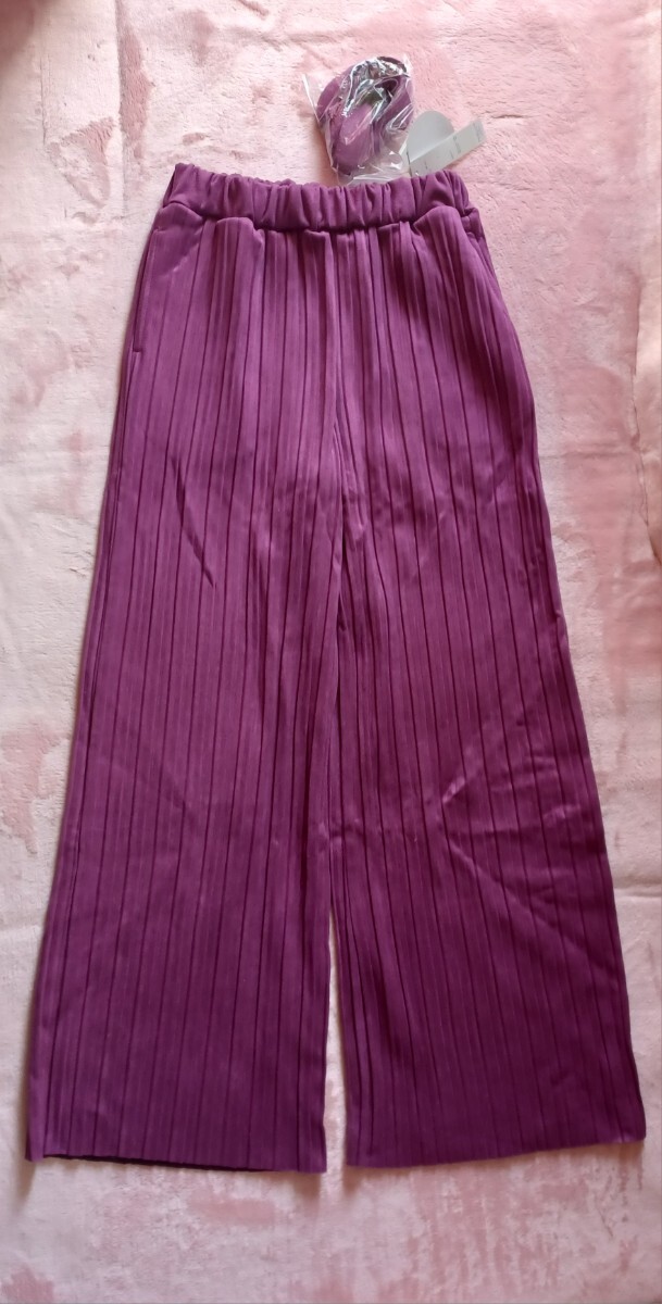 ★チェリーピンク♪鮮やか綺麗お洒落☆裾リボン付き2way♪裾カットOK♪柔らかスエード調ロング足長プリーツ体型カバーイージーワイドパンツ拍卖