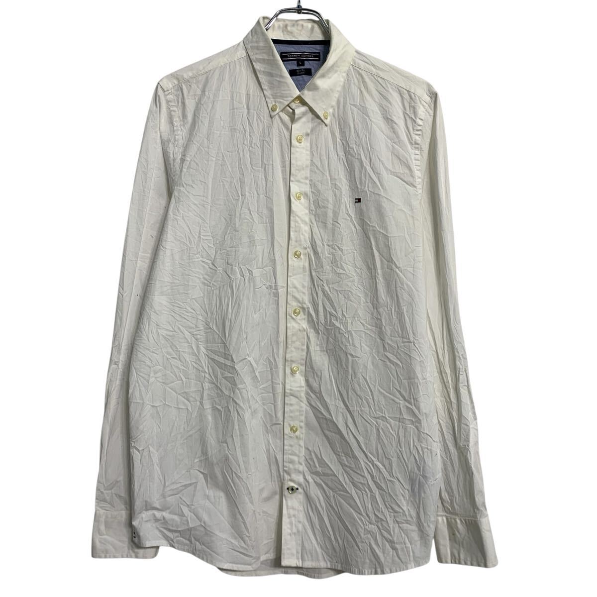TOMMY HILFIGER 長袖 無地シャツ L ホワイト トミーヒルフィガー ボタンダウン ワンポイント ロゴ 古着卸 アメリカ仕入 a701-7357拍卖