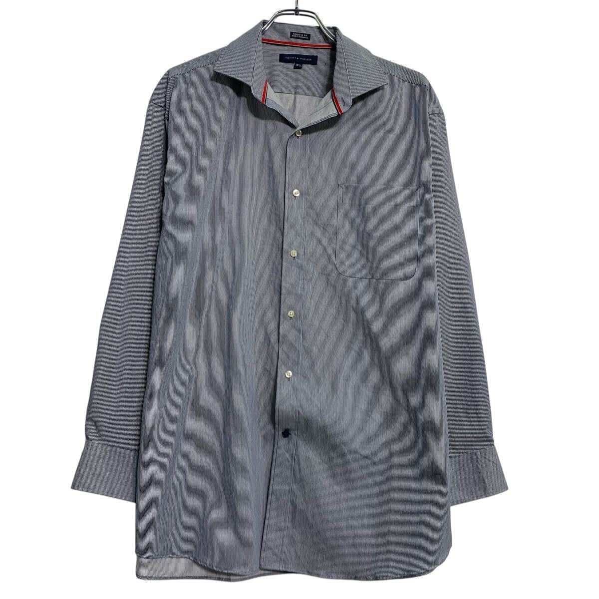 TOMMY HILFIGER 長袖 ストライプシャツ 16 M~ ブルー ホワイト トミーヒルフィガー ボタン 胸ポケット 古着卸 アメリカ仕入 a702-6342拍卖