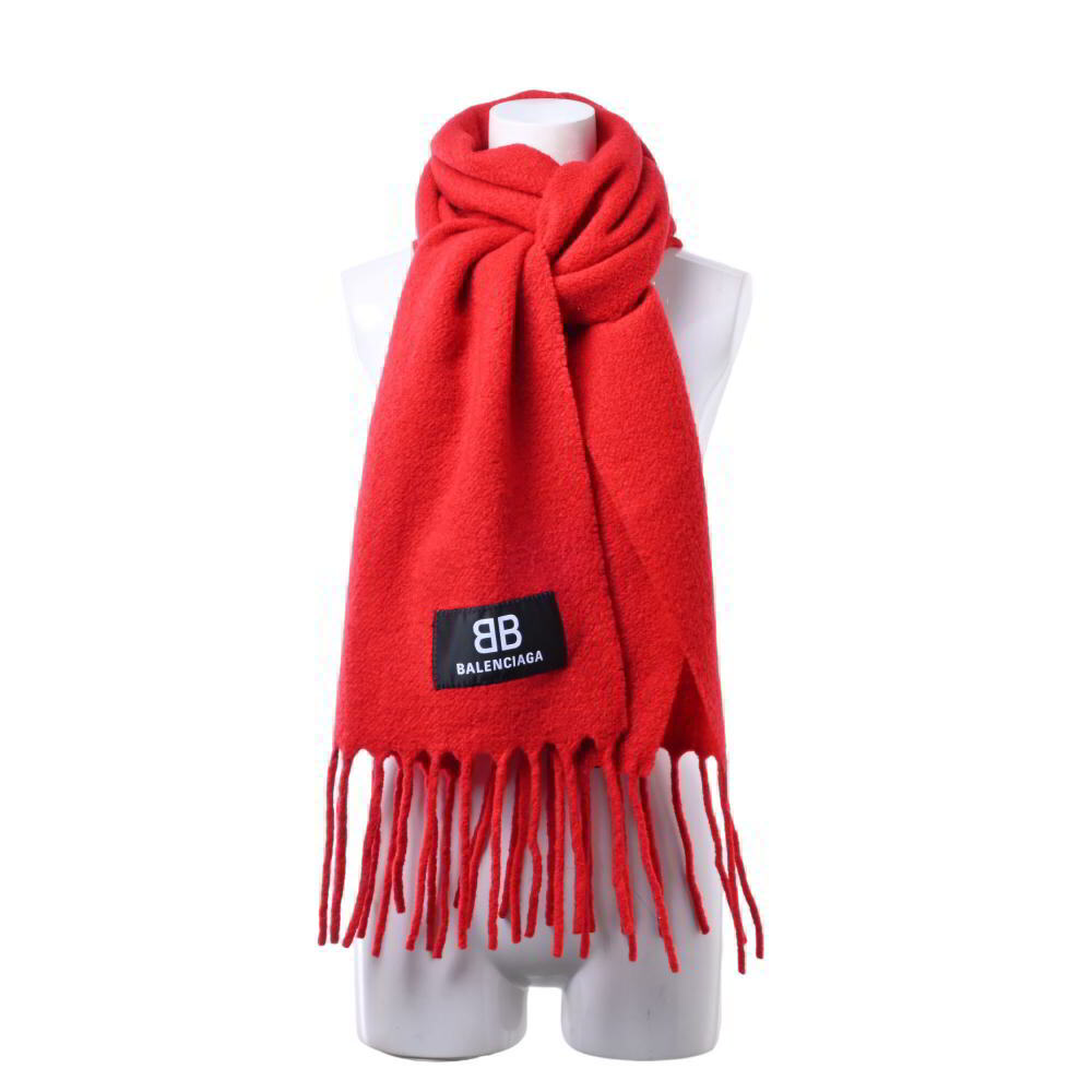 美品 BALENCIAGA ウール混 ロゴ マフラー - レッド バレンシアガ KL4B2CKC65拍卖