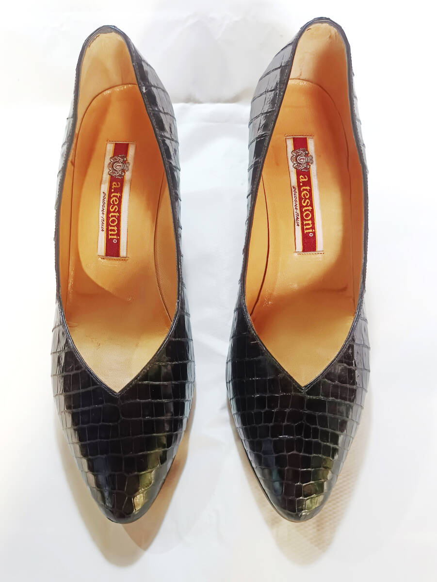 a.testoni ア テストーニ クロコダイル レザー パンプス 黒 プレーン ベーシック 37(約24.0cm) 中古 状態良 拍卖