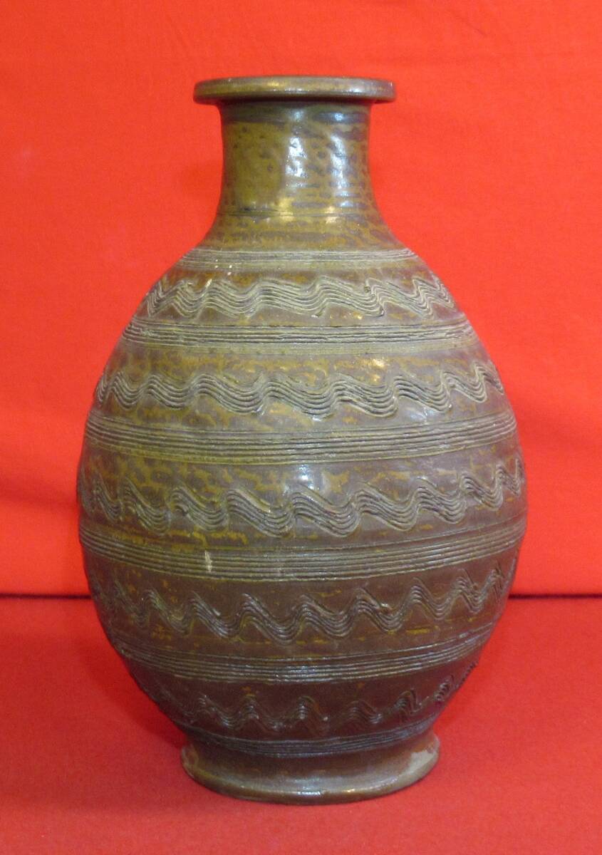 民芸復興『古い小鹿田焼櫛波刷毛目伊羅保釉壺 花瓶(高さ23,3㎝)おんた焼』糸切高台 徳利 検:柳宗悦 バーナードリーチ 国重要無形文化財拍卖