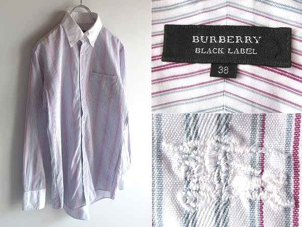 希少 BURBERRY BLACK LABEL バーバリーブラックレーベル ホースロゴ刺繍 クレリック ストライプシャツ BDシャツ 38 パープル ライトブルー拍卖