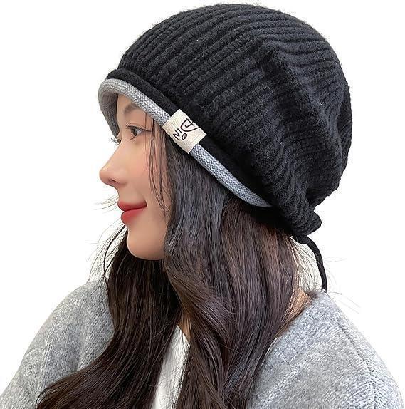 ニット帽 レディース 秋冬 防寒 小顔 柔らかい 通気性 ストレッチ ブラック拍卖