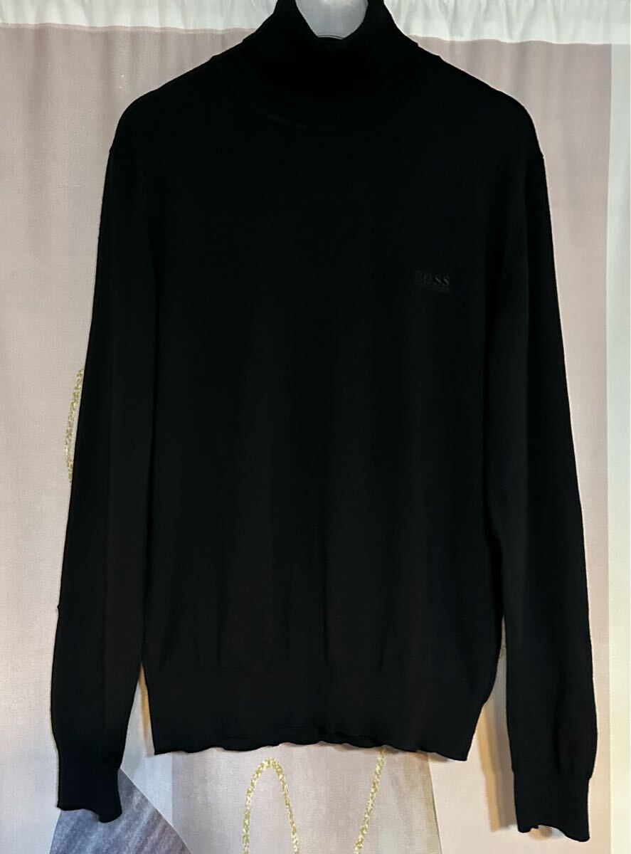 ヒューゴボス ハイゲージ ロゴ 刺繍 ウール タートルネック ニット ブラック拍卖