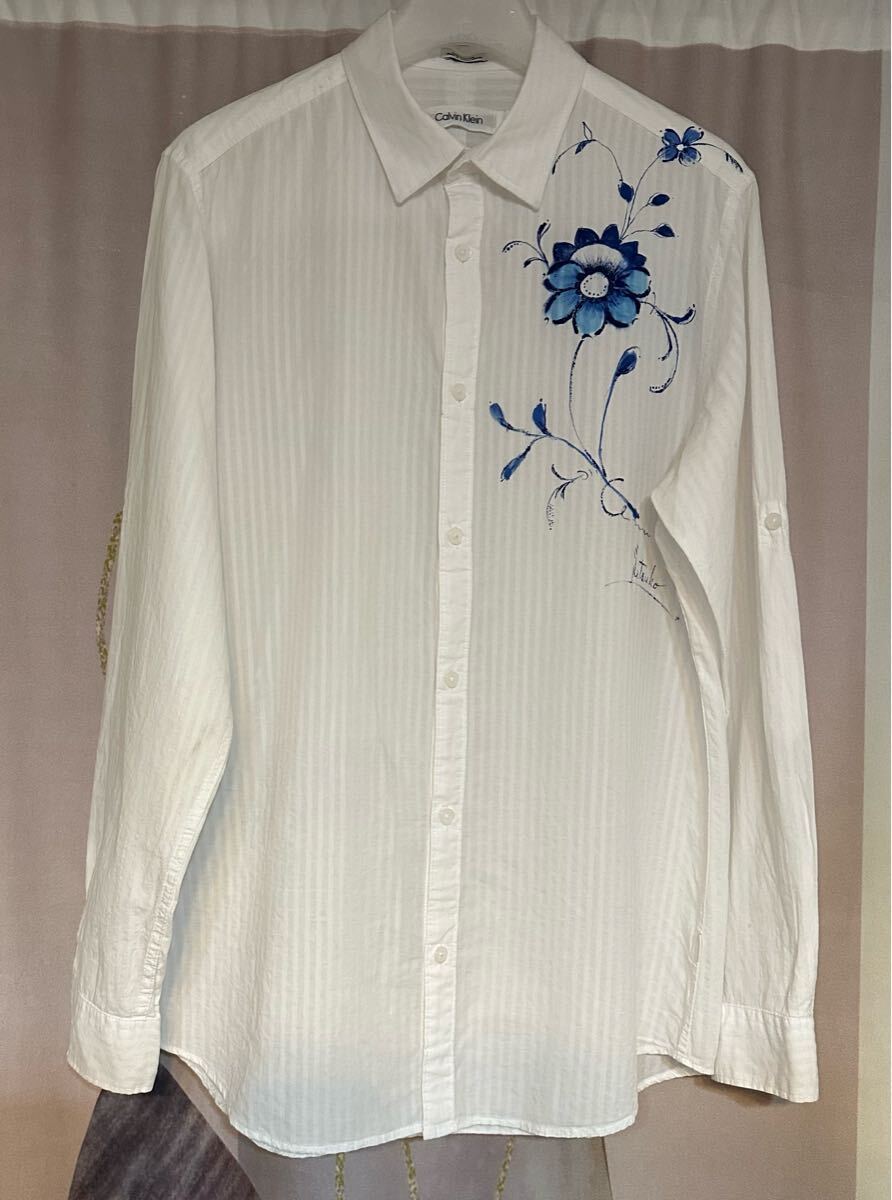 カルバンクライン ストライプ 花柄 スケッチ コットン 100% ドレスシャツ拍卖