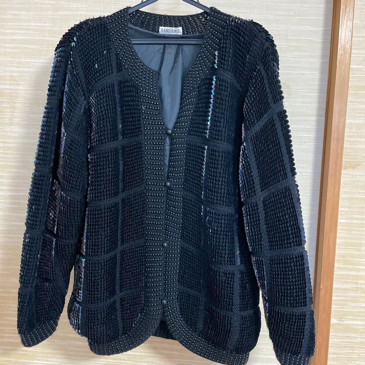 HAND KNIT ブラック カーディガン 表地100%ウール オールスパンコールandビーズ ゴージャス エレガント ジャケット 裏地付拍卖
