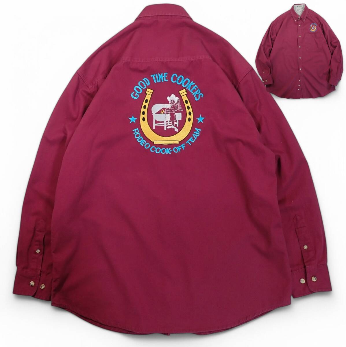 6409/良好BLUE MOUNTAIN長袖ワークシャツM(実質L)GOOD TIME COOKERS RODEO COOK-OFF TEAM刺繍ウエスタンカウボーイハット洗濯プレス済古着拍卖