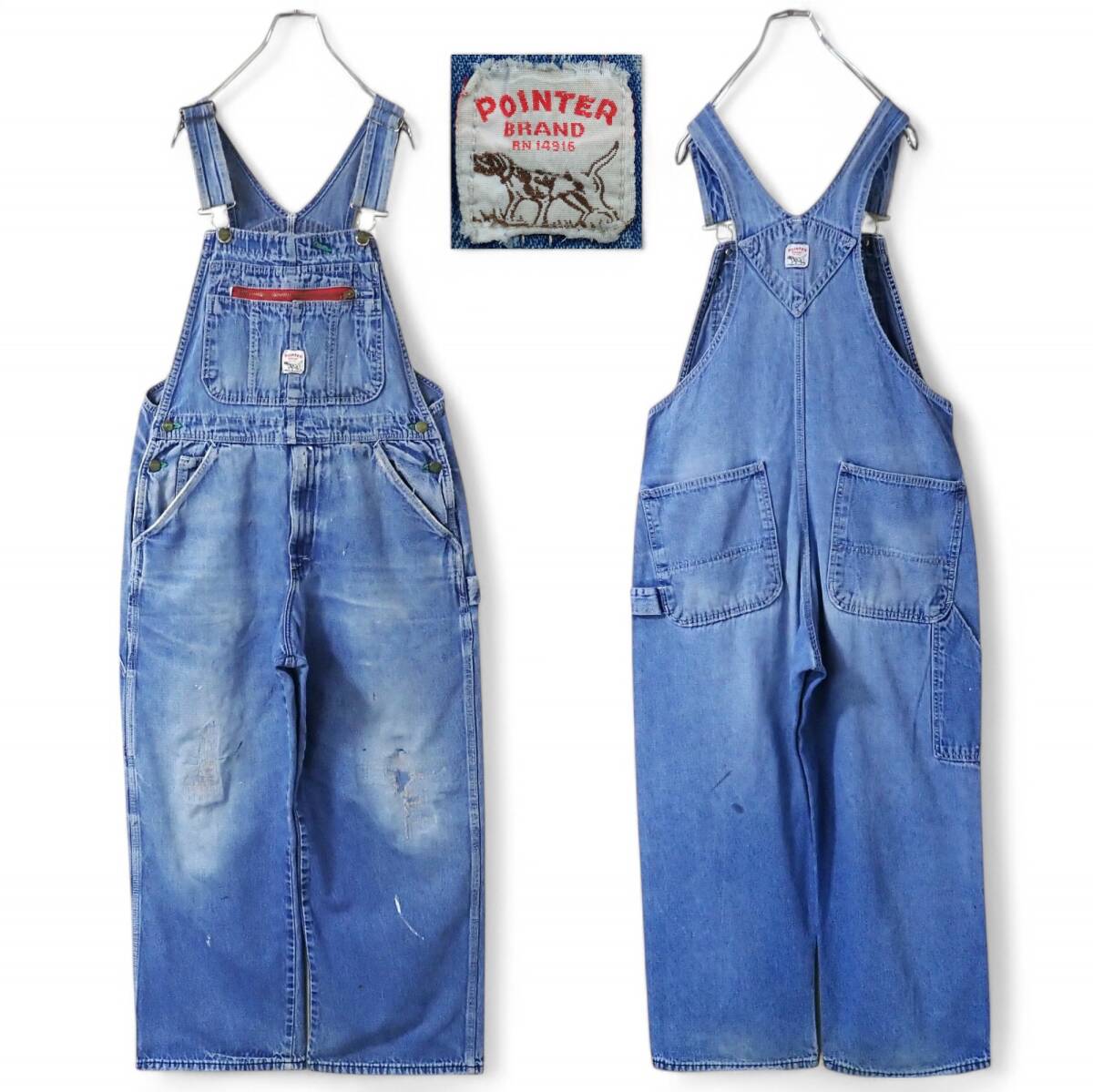 6420/POINTER BRAND USA製90sビンテージ オーバーオール 34(W93cm)●ダメージ雰囲気◎●デニム カバー サロペット ポインターブランド古着拍卖
