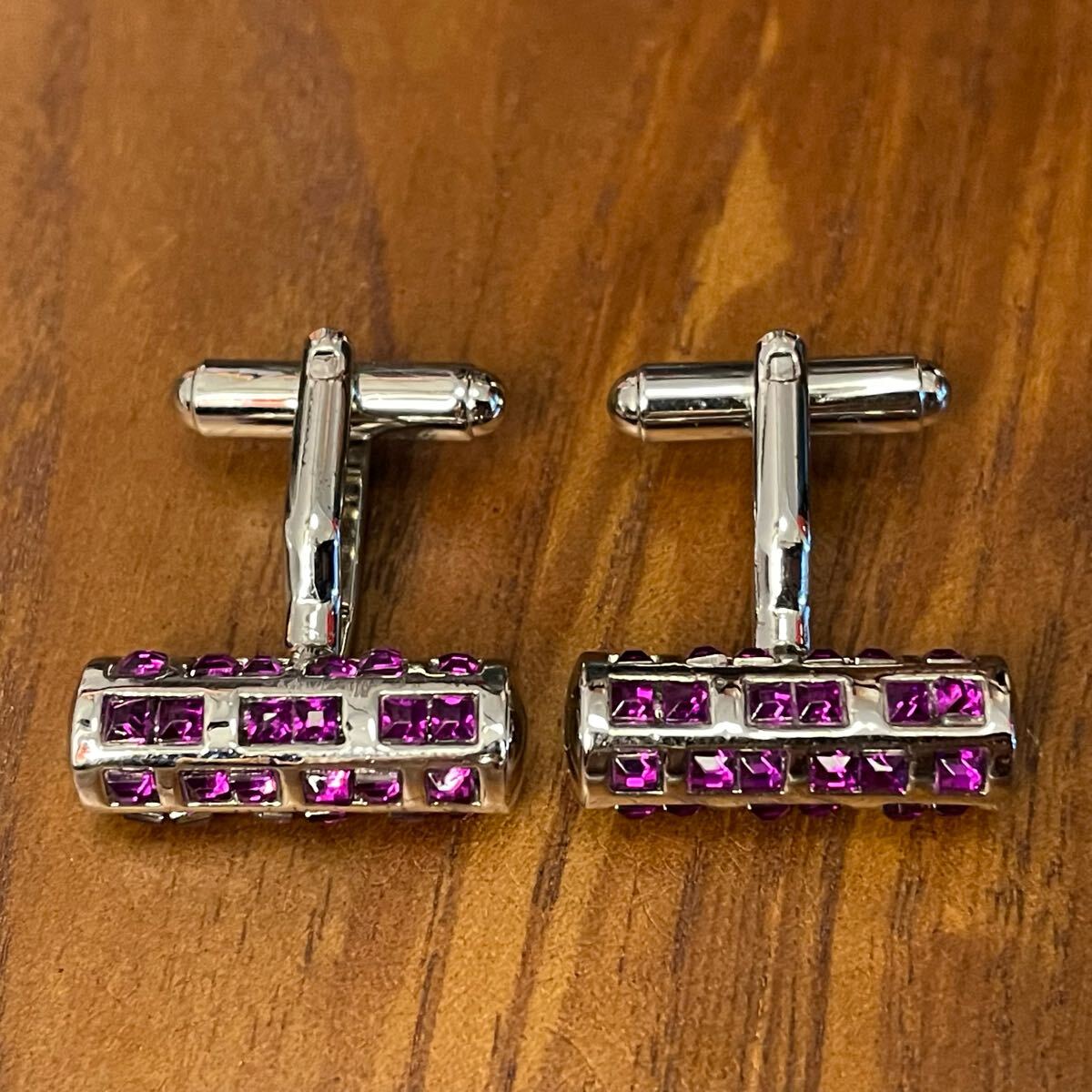 パープルラインストーン付きカフリンクス シルバー カフスボタン カフス拍卖