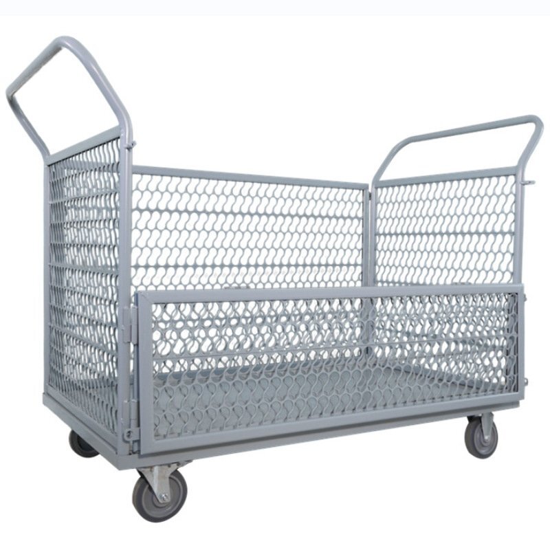 カゴ台車 運搬車 手押し台車 静音 厚みのある素材 耐荷重300kg 耐磨耗 メッシュかご付き ブレーキ付き 折り畳み式のドア付き 倉庫拍卖