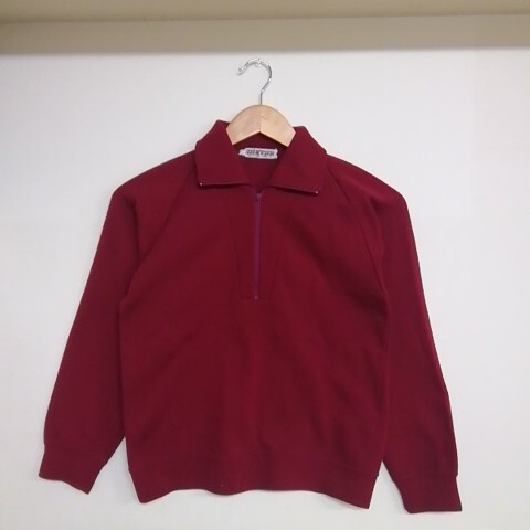 ★【古着】CENTER(センター) ハーフジップ(長袖カットソー) サイズ不明(Sサイズ相当) レッド 毛玉あり レディースかと思われます 拍卖