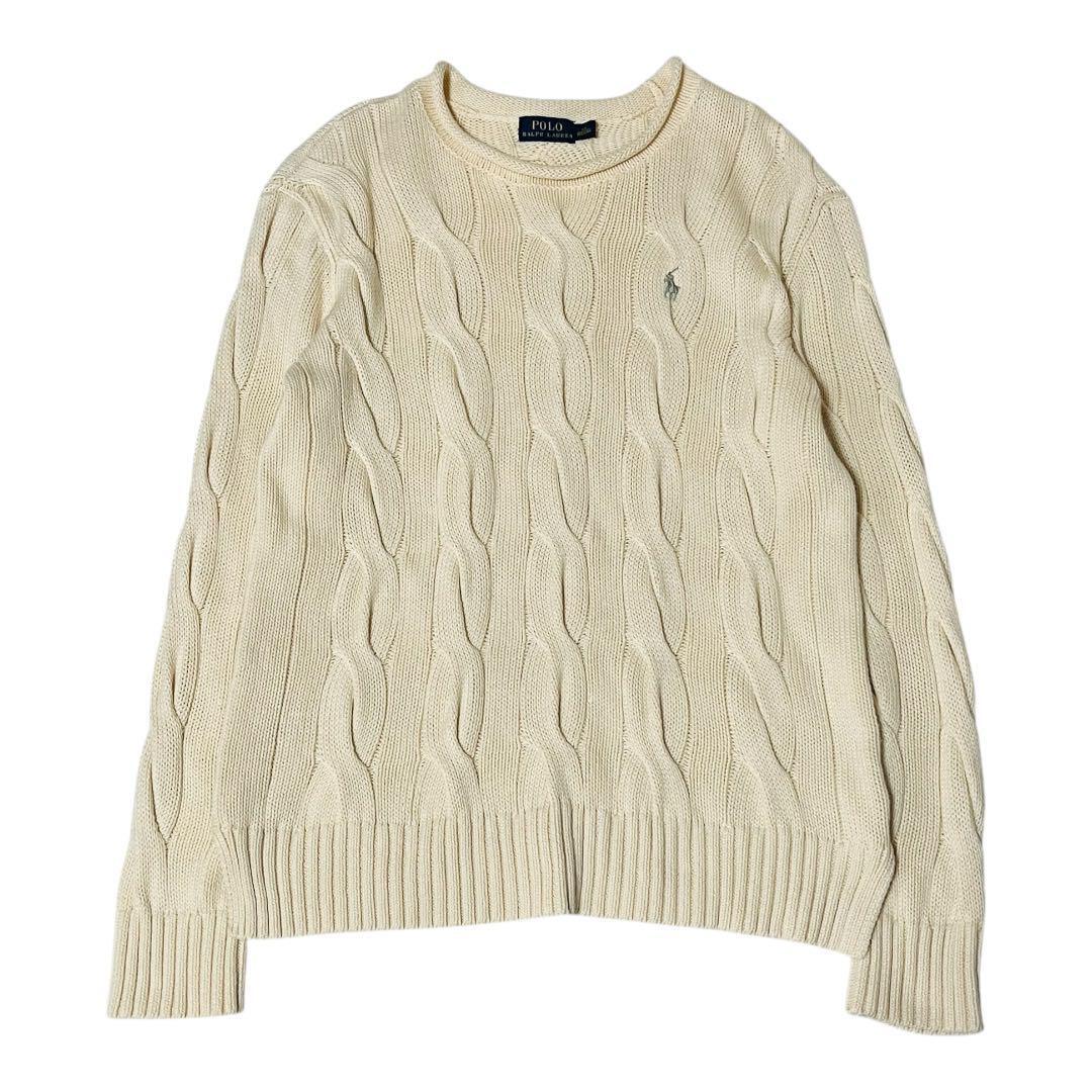 美品 POLO RalphLauren ポロラルフローレン コットン ケーブル ニット ネックロール オフホワイト オフ白拍卖