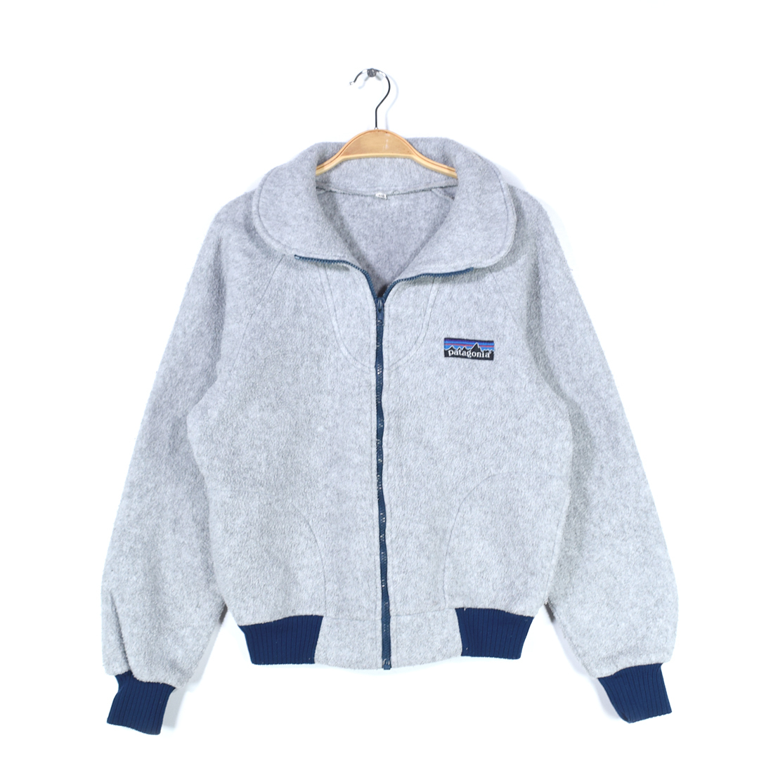 【送料無料】80s パタゴニア ヴィンテージ フリースジャケット 丸襟 デカタグ 旧タグ グレー ネイビー PATAGONIA XS相当 古着 @DD0432拍卖
