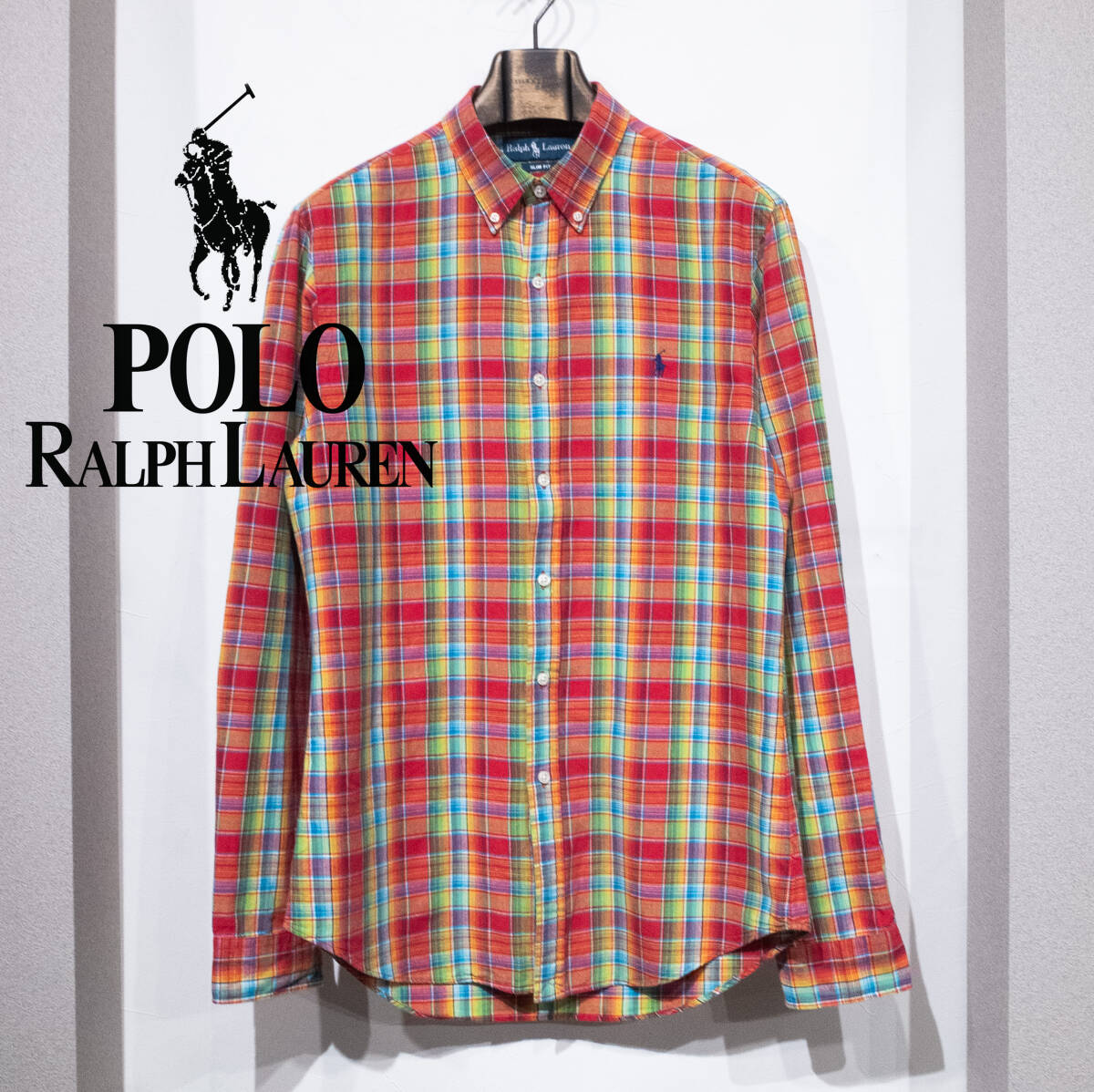 M / POLO RALPH LAUREN ポロ ラルフローレン スリムフィット コットン リネン 長袖 B.D シャツ マドラスチェック 赤 プレッピー 古着 小襟拍卖
