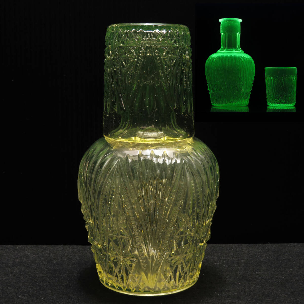 美しいカットが施されたウランガラスの冠水瓶/グラス・ボトル/デキャンタ/水入れ/オブジェ/飾り/ヴァセリンガラス/インテリア雑貨/AL-0581拍卖