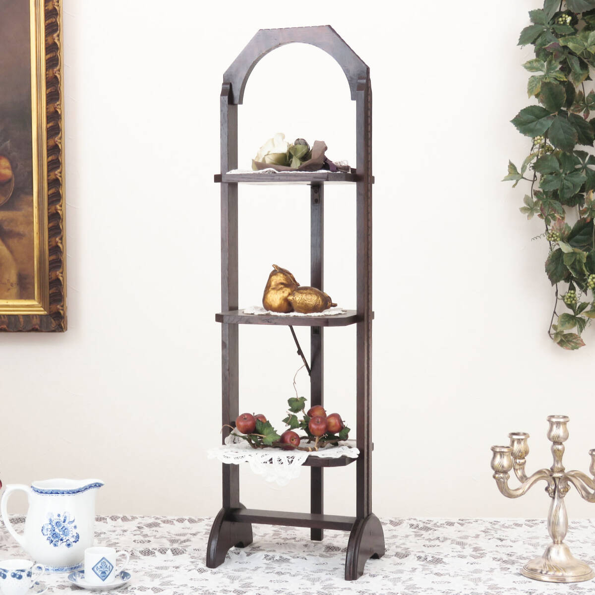 四角いプレートの3段ケーキスタンド/折りたたみ式/フォールディング/ディスプレイ台/店舗什器/インテリア/イギリスのアンティーク/A-4217拍卖