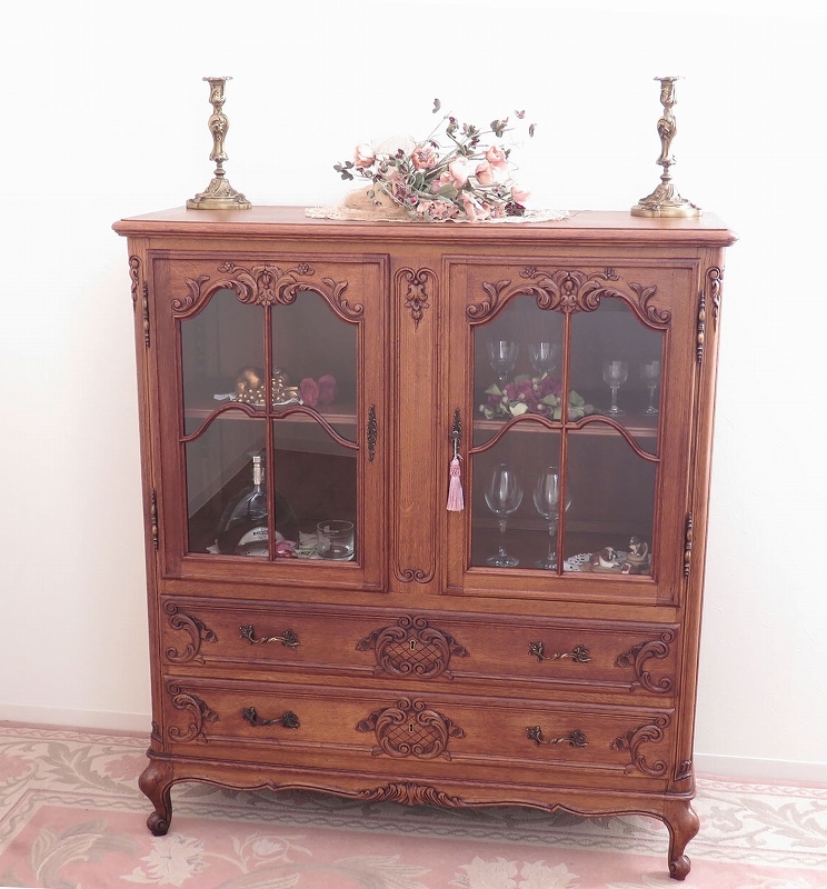 エレガントなネコ(猫)脚木製キャビネット/飾り棚/ショーケース/食器棚/店舗什器/ディスプレイ/インテリア/フランスアンティーク家具/A-2148拍卖