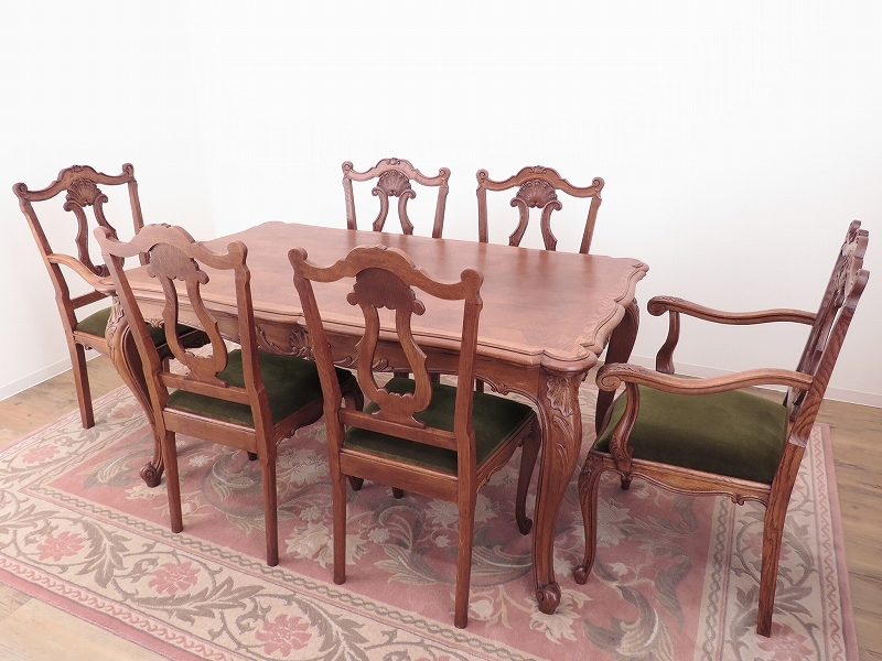 美しい彫刻のネコ(猫)脚ダイニングセット/テーブル+椅子6脚 (内アームチェア2脚)/店舗什器/インテリア/フランスのアンティーク家具/A-2318拍卖