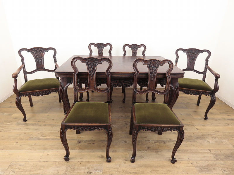 花の彫刻の重厚なネコ(猫)脚ダイニングセット (拡張式テーブル+椅子6脚) アームチェア/店舗什器/ディスプレイ/インテリア/フランス/A-1816拍卖