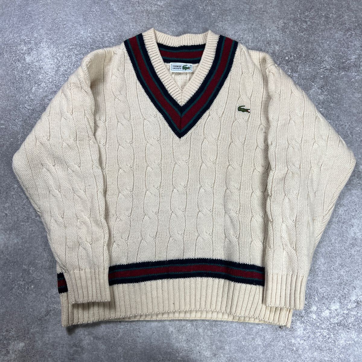 CHEMISE LACOSTE ラコステ 日本製 ワニロゴ ウール チルデン ニット セーター ホワイト Vネック CA16拍卖