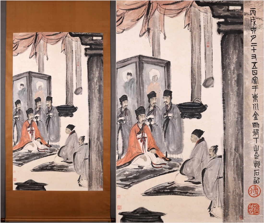 古美術 掛け軸 中国・近現代 「傅抱石書」 紙本 【鄭荘公見母図】 立軸 書道 巻き物 肉筆保証 唐物 古画 画心165x95cm LT-250211拍卖