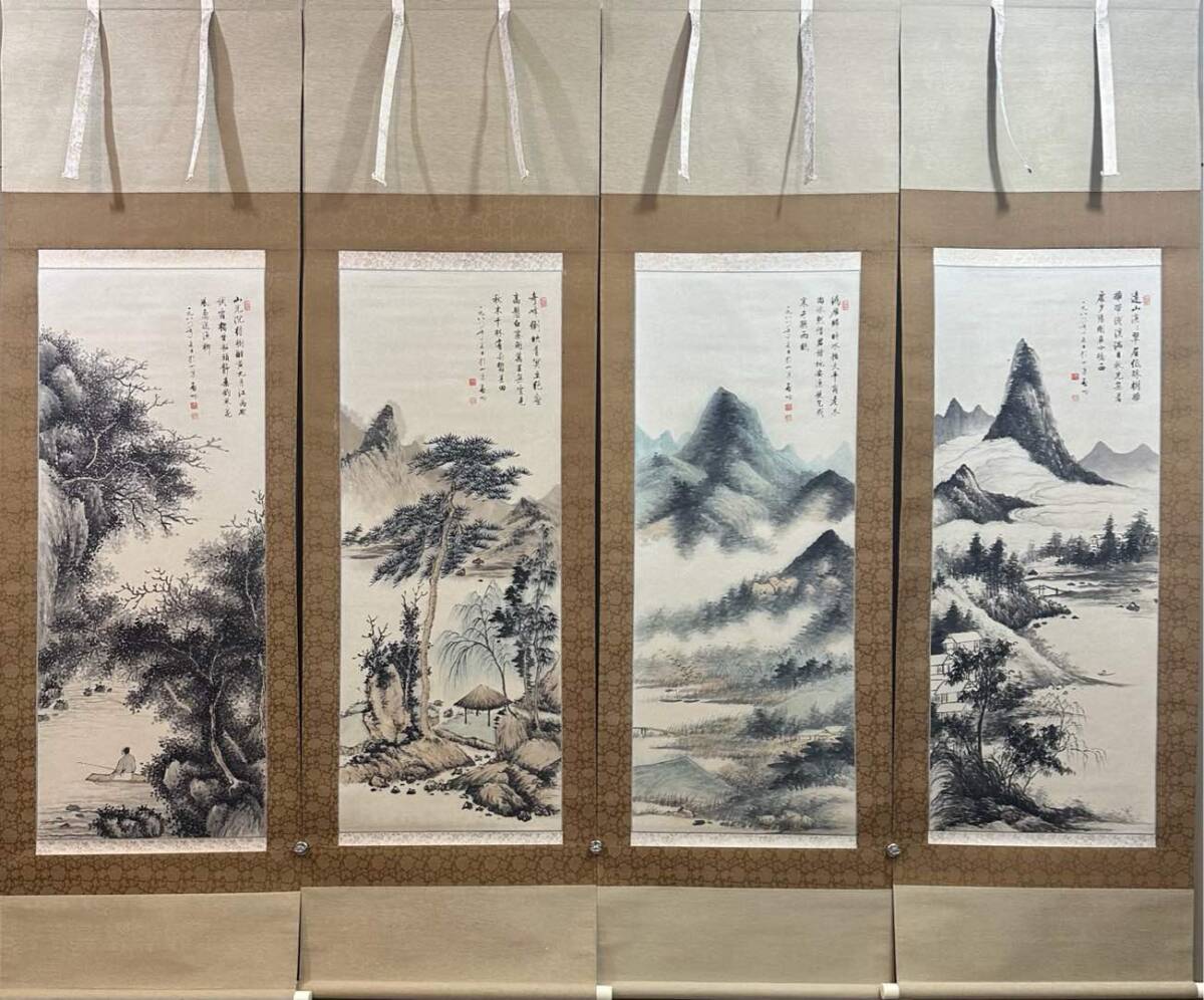 古美術 掛け軸 中国・近現代 「啓功書」 紙本 【山水図 四条屏】 立軸 書道 巻き物 付木箱 肉筆保証 唐物 古画 画心42x102cm LT-250202拍卖