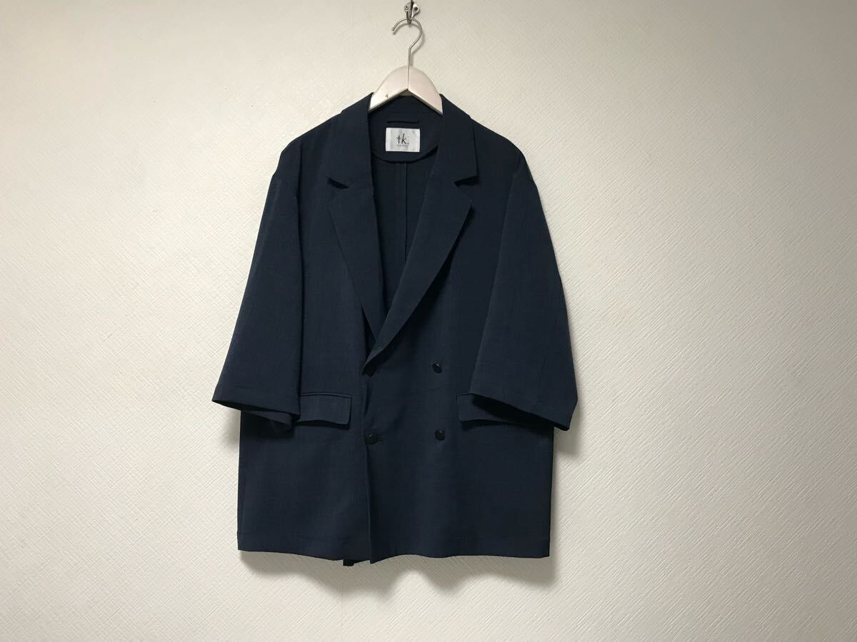 本物タケオキクチtkTAKEOKIKUCHIスーツ地5部丈ダブルテーラードジャケット長袖ビジネススーツモードドレスゴルフメンズM紺ネイビー拍卖