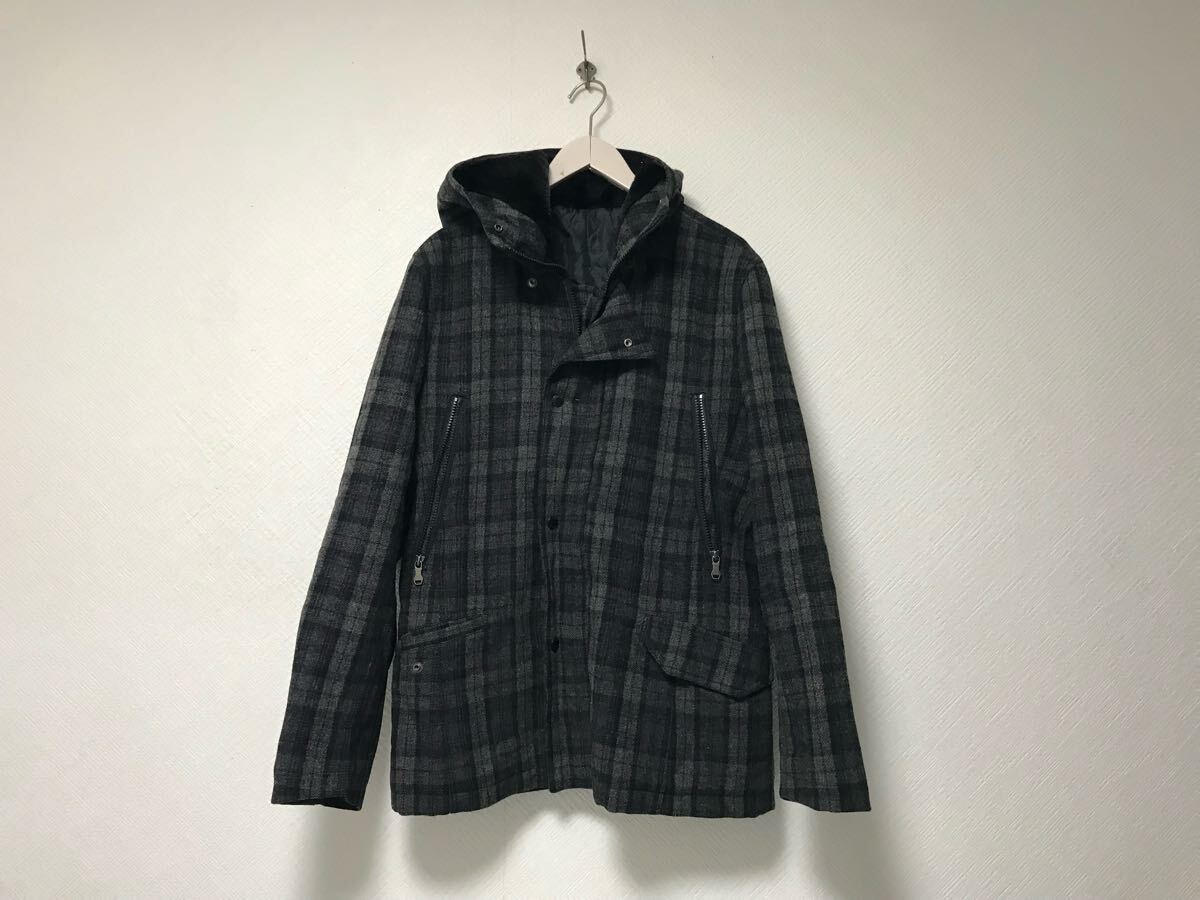 本物タケオキクチtkTAKEOKIKUCHIウールチェック柄ジップミリタリージャケット長袖ビジネススーツパーティーゴルフメンズ3グレー黒ブラックL拍卖
