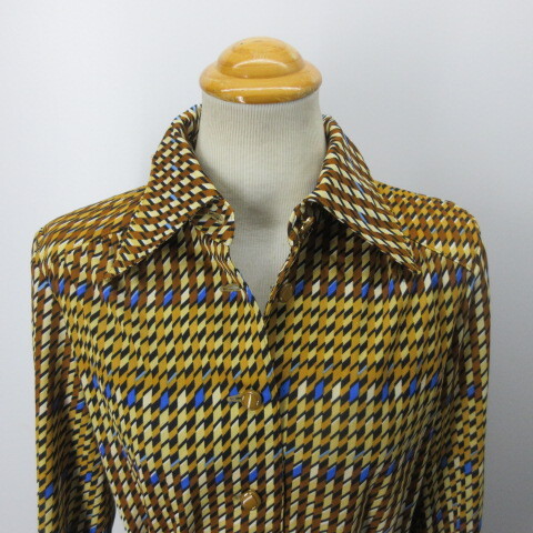 昭和レトロ レディース 柄シャツ 11 茶系 ベルト付き オールド JAPAN古着 sy3105拍卖