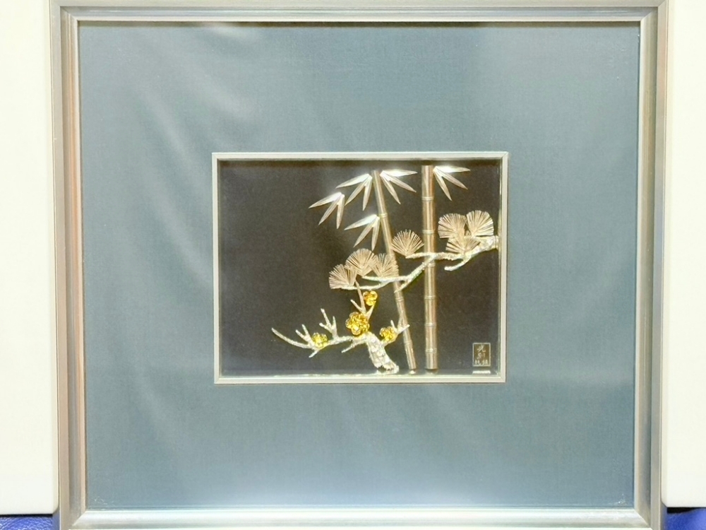 純銀 貴金属画(銀工芸)松竹梅 光則作 アートパネル 東京銀器 USED美品拍卖
