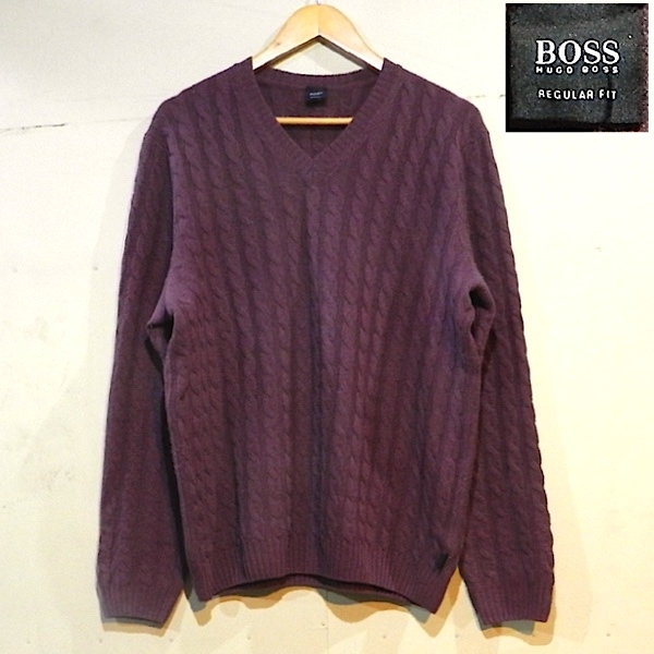 HUGO BOSS ヒューゴボス レギュラーフィット 縄編み ケーブル編み 毛 100% Vネック ウール ニット セーター えんじ色 ワインレッド XL 美品拍卖